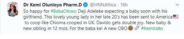 'Davido's father is expecting child with young girlfriend' - Kemi Olunloyo