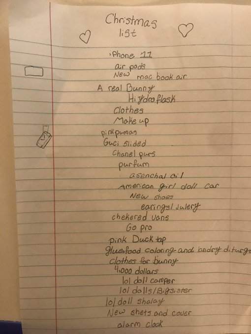 Father shares his 10-year-old daughter's Christmas wish list which contains an iPhone 11, Macbook Air, Air Pods and others