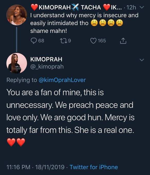 Kim Oprah rebukes her fan who trolled Mercy for being 'insecure'