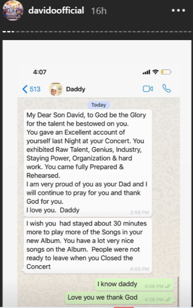 'I am very proud of you' - Davido's father showers praises on him after his concert