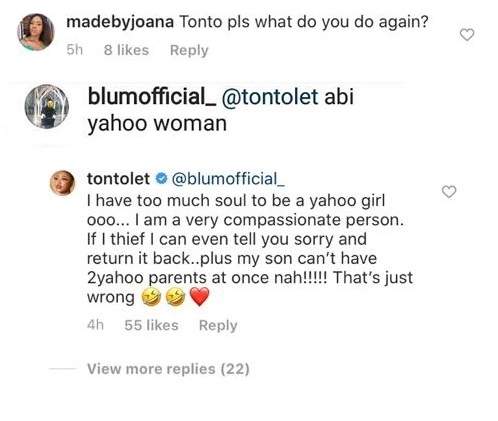 Tonto Dikeh replies follower who accused her of 'doing yahoo'