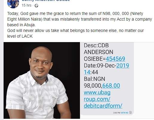 Nigerian man returns N98M that was mistakenly paid into his account