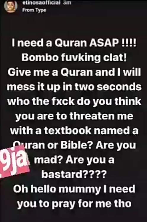 'Give me a Quran and I will mess it up in two seconds' - Etinosa replies fans who dared her to smoke on a Quran