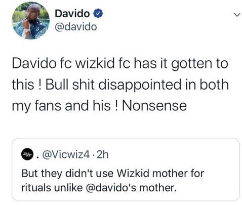 Davido reacts after a Wizkid Fan said his late mother was used for rituals