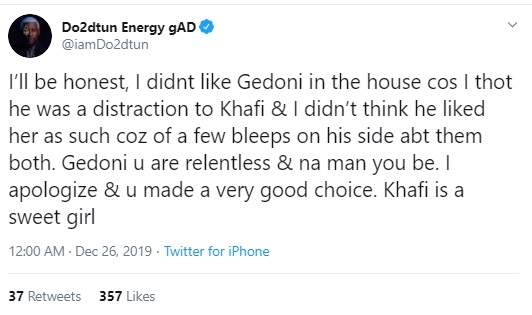 OAP Dotun apologizes as he congratulates Gedoni on his engagement to Khafi
