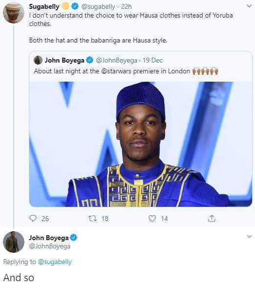 John Boyega dismisses Sugabelly after she criticized the outfit he wore to the Star Wars Premiere in London