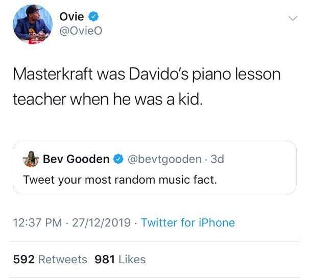 MasterKraft Was Davido's Piano Teacher When He Was A Kid - Music Journalist, Ovie O