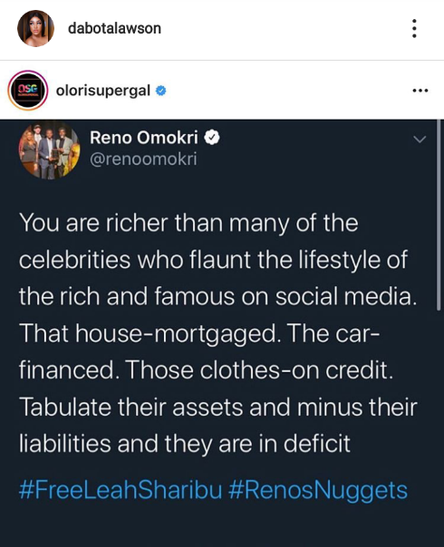 Dabota Lawson calls out Reno Omokri over post on celebrities flaunting luxury lifestyles