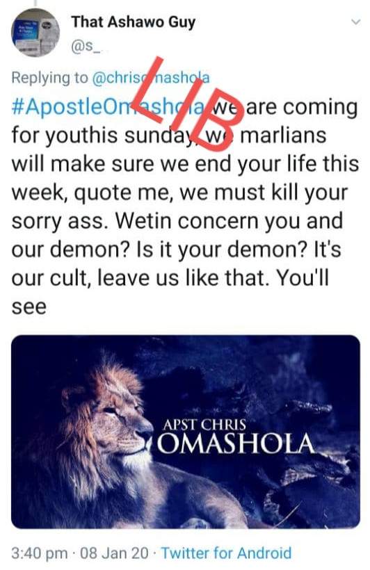 Apostle Chris Omashola claims Marlians are after his life; shares screenshots of death threat messages