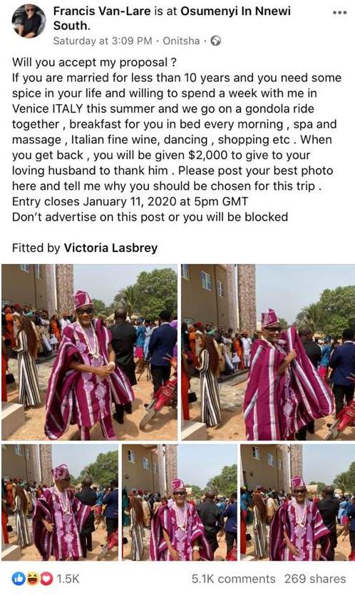 US-Based Nigerian man, Francis Van-Lare promises $2000 (N720k) to any man that will allow him spend a week in Italy with his wife