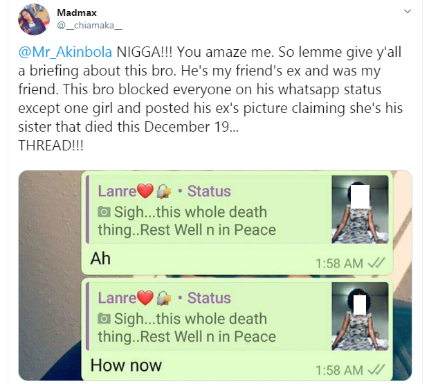 Nigerian Guy blocks everyone on his WhatsApp except his crush, then declares his 'ex' dead just to deceive his crush.