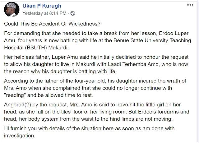 Four Year Old Suffers Paralysis After Lady Banged Her Head On The Floor For Saying She Was Tired..