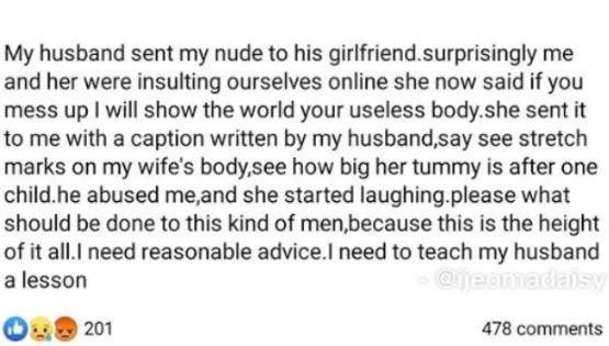 Aggrieved wife cries out after husband sent her n*des to his side chick to body shame her