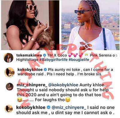 Khloe reportedly begs Toke Makinwa for clothes, days after warning people to stay off begging in 2020