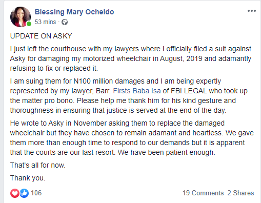 Nigerian lady sues airline for N100m for allegedly destroying her motorized wheelchair and abandoning her
