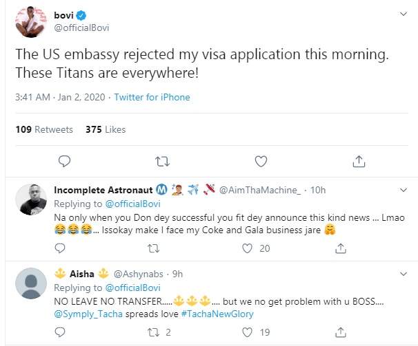 Titans are everywhere - Bovi jokingly 'blames' fans of Tacha as his visa application is rejected by US embassy (screenshot)