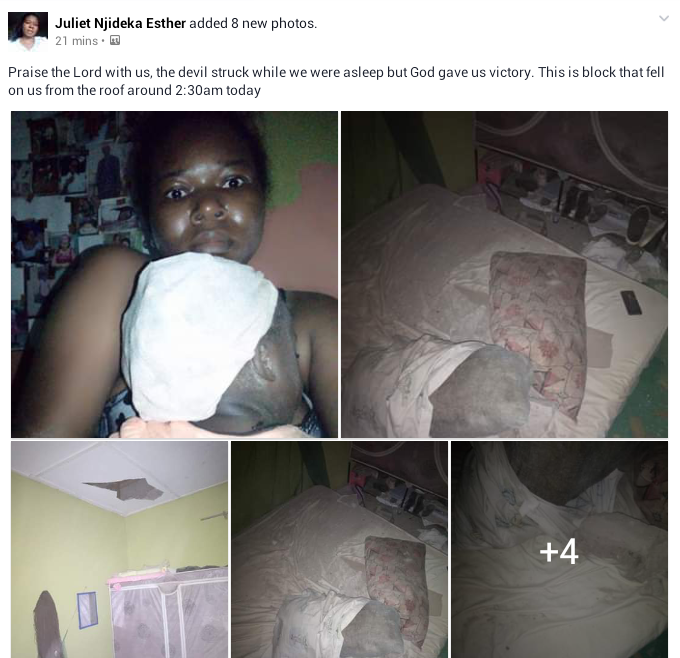 Woman and her baby narrowly escapes death after huge block crashes through roof, bedroom ceiling, and fell on them while sleeping (photos)