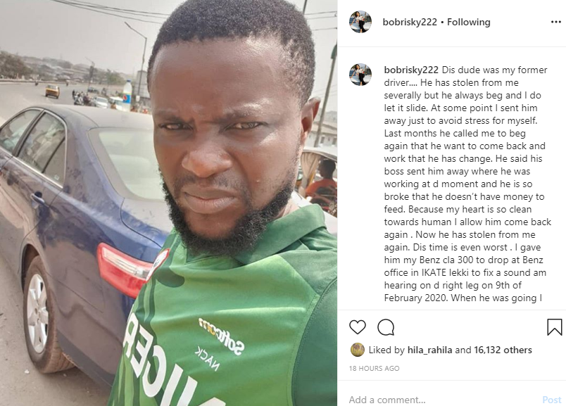 Bobrisky cries out after his driver allegedly absconded with his car and N596k