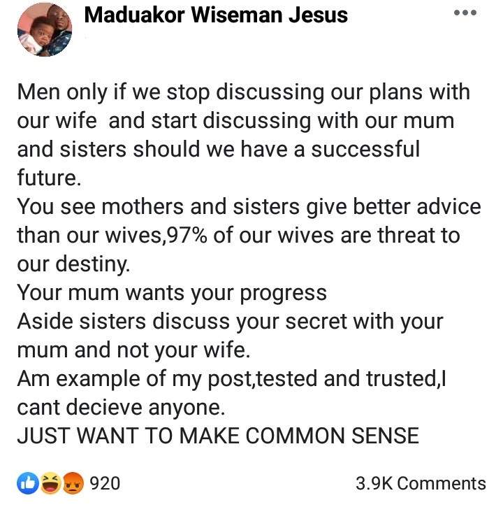 Men stop discussing your plans with your wives if you want to succeed - Man advises