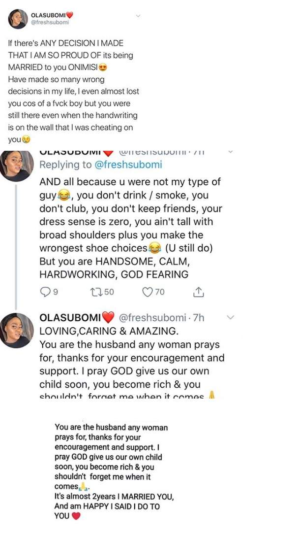 Lady thanks her husband for marrying her despite her infidelity and not being her type