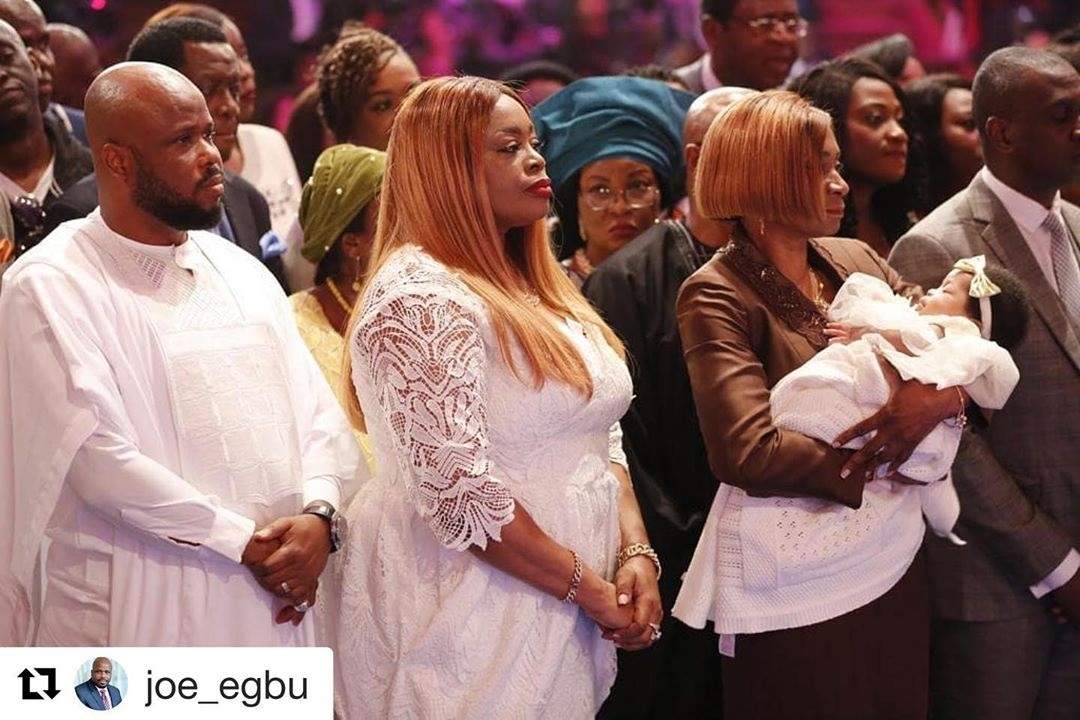 Gospel Singer, Sinach and her husband dedicate their child in church during mid-week service