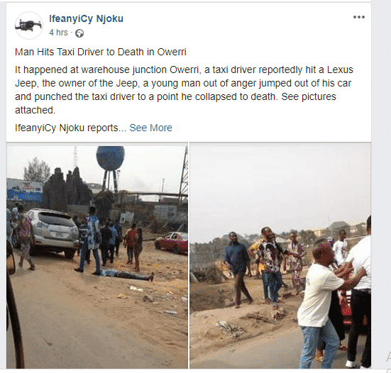 Man punches taxi driver to death in Owerri (photos)