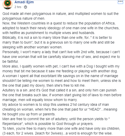 God created more women so men can be polygamous - Nigerian man gives his thoughts on marriage