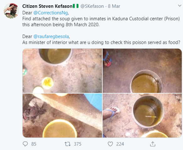 Activist draws attention to the poor watery soup allegedly served to inmates in Kaduna Prison