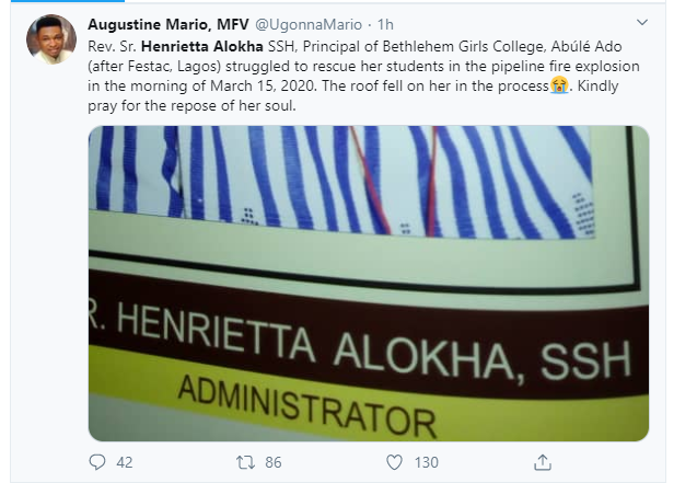 Principal of Bethlehem Girls College dies while rescuing students after gas explosion in Abule Ado