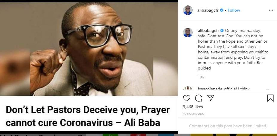 Don't let any Pastor or Iman deceive you, prayer cannot cure coronavirus - Alibaba