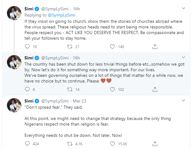 'Nigerians respect fear more than religion' - Simi speaks against the current coronavirus strategy