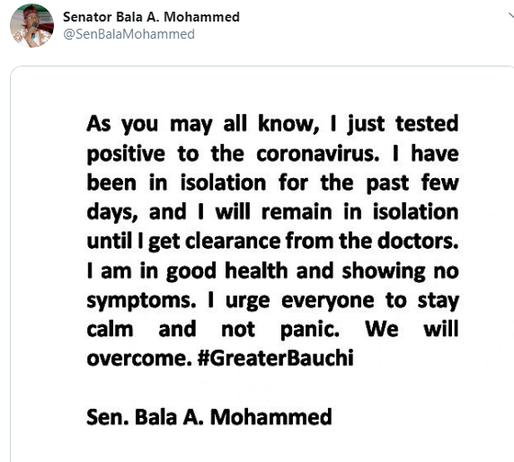 Take coronavirus seriously - Bauchi governor Bala Mohammed tells Nigerians after testing positive