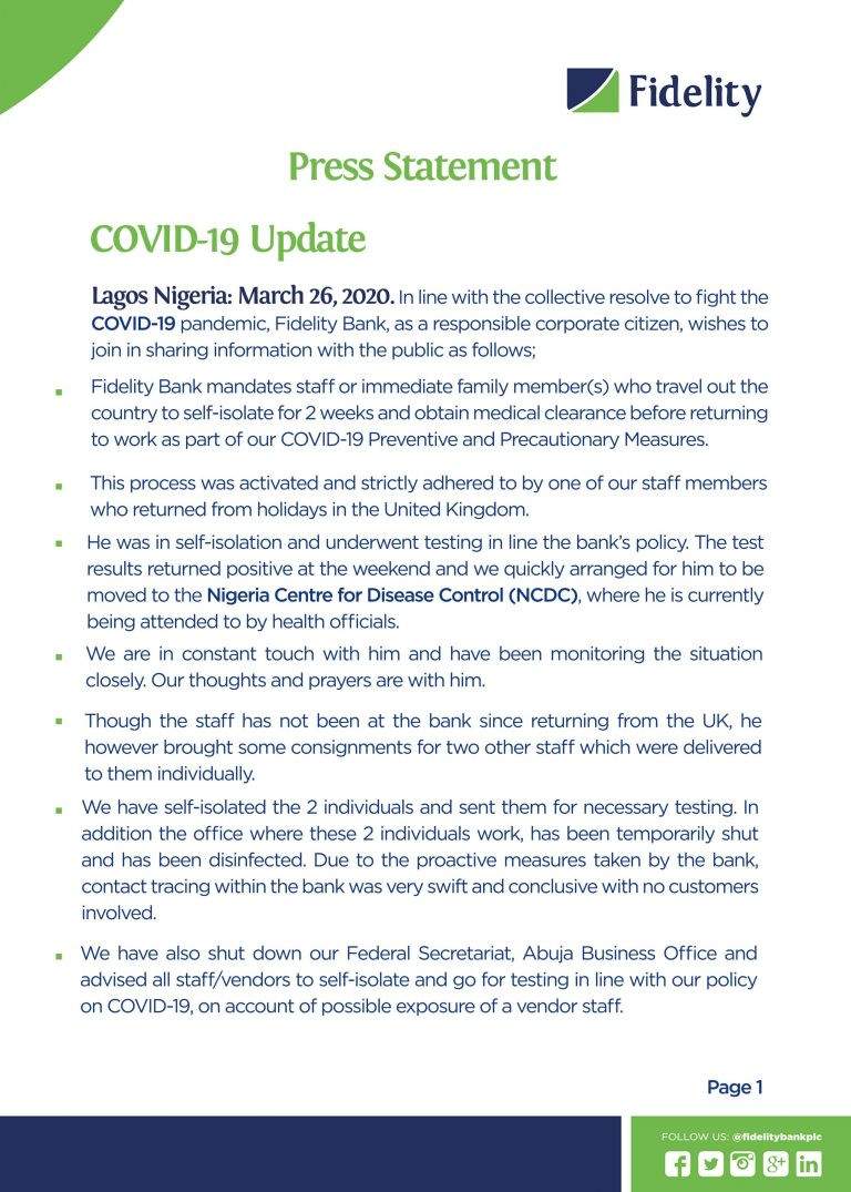 Fidelity Bank staff tests positive for coronavirus