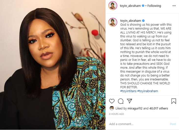 God is showing us his power with this coronavirus - Toyin Abraham says