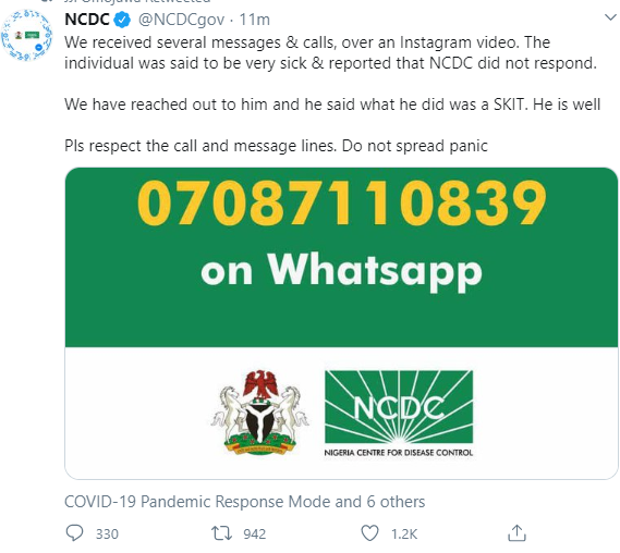 #Covid-19: NCDC issues warning after they reached out to an Instagram user who claimed he needed urgent help only to discover it was a skit