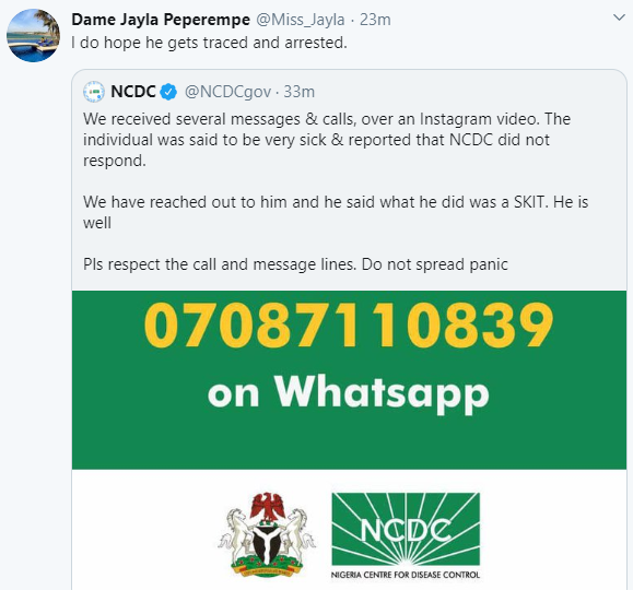 #Covid-19: NCDC issues warning after they reached out to an Instagram user who claimed he needed urgent help only to discover it was a skit
