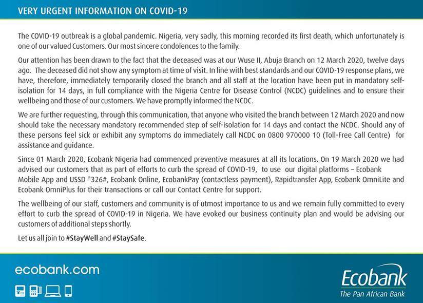 Ecobank shuts Abuja branch after customer dies from coronavirus
