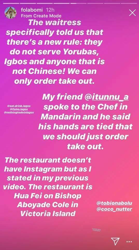 Nigerian lady accuses Chinese restaurant in Lagos of racism after she and her friend were allegedly asked to leave.