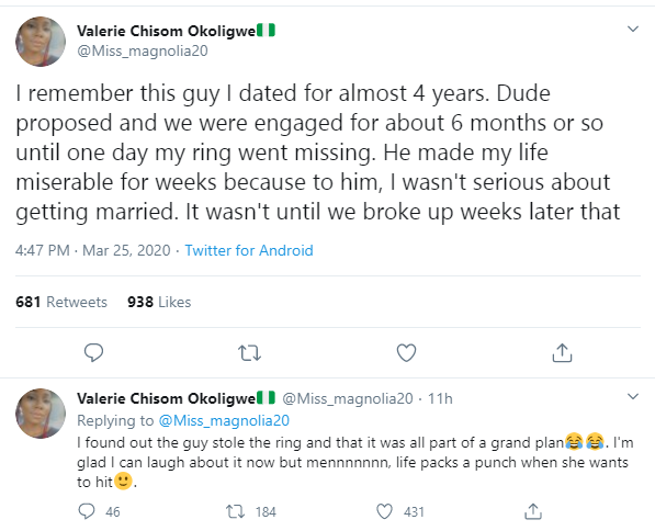 Nigerian lady narrates how her fiance stole the engagement ring he gave her to use it as an excuse to breakup
