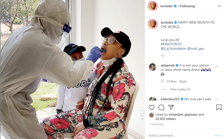 Tonto Dikeh shares photo of herself undergoing Coronavirus test
