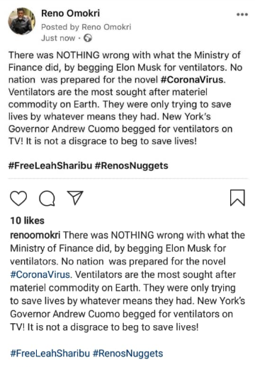 'There was nothing wrong with the Ministry of Finance begging Elon Musk for ventilators' - Reno Omokri says