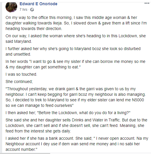 Nigerian police officer narrates how he gave money to a woman who told him about the challenges she's been facing since the lockdown