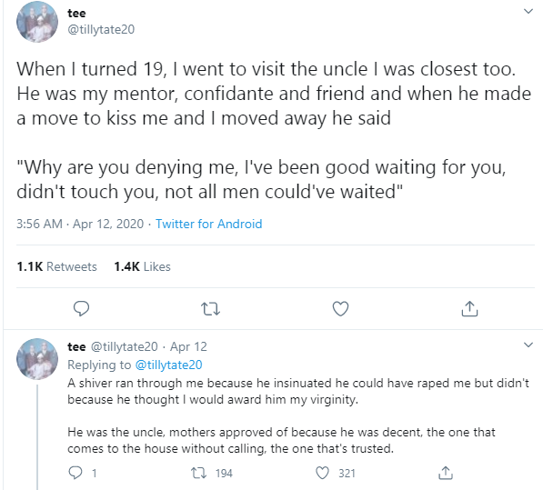 Nigerian lady recounts her experience with an Uncle who thought she will 'award him with her virginity'