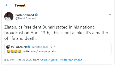 'This is not a joke' - Presidential aide, Bashir Ahmad cautions singer Zlatan for 'laughing' over the new cases of Coronavirus