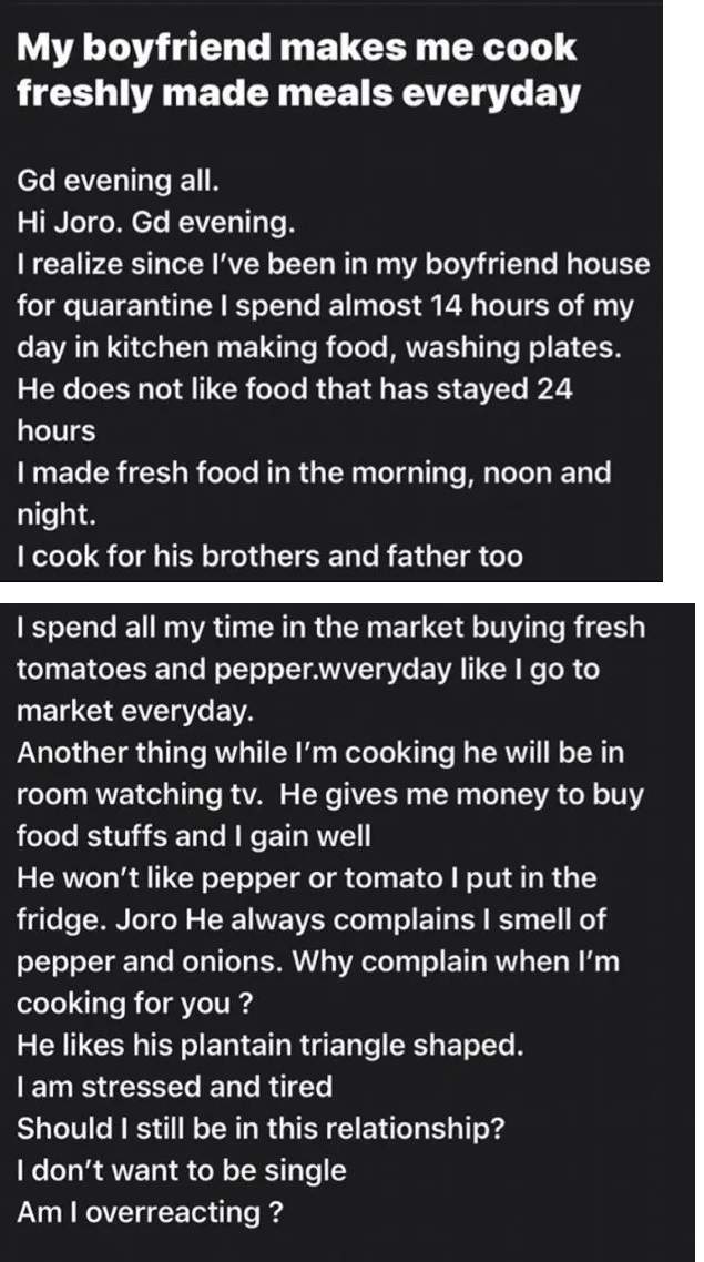 'My Boyfriend makes me cook freshly made meals for him and his family everyday' - Nigerian Lady cries out.