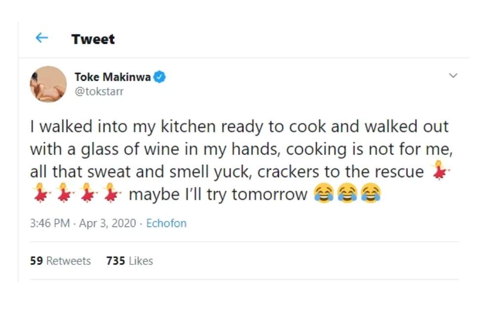 'I hate sweating, cooking is not for me' - Toke Makinwa says