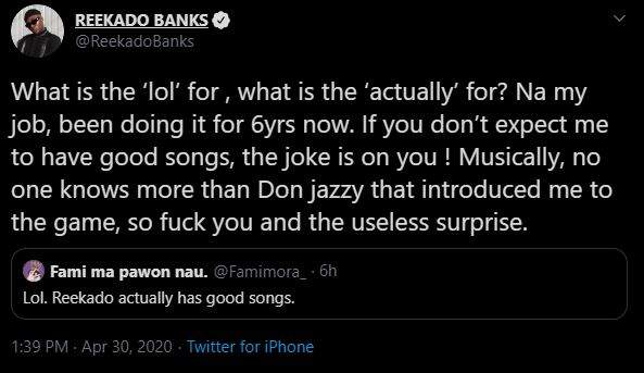 Reekado Banks fires back at follower who 'just realized he has good songs'