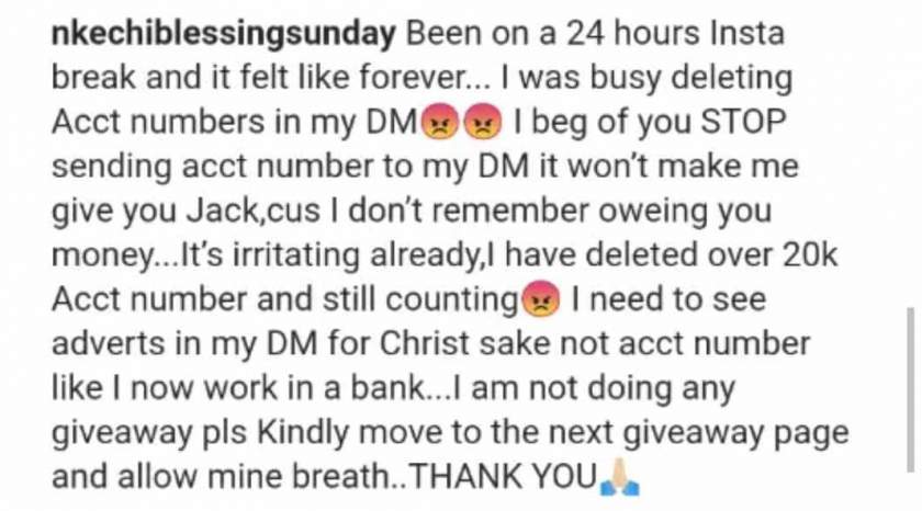 'Stop sending account numbers to my DM' - Nkechi Blessing Sunday tells online beggars