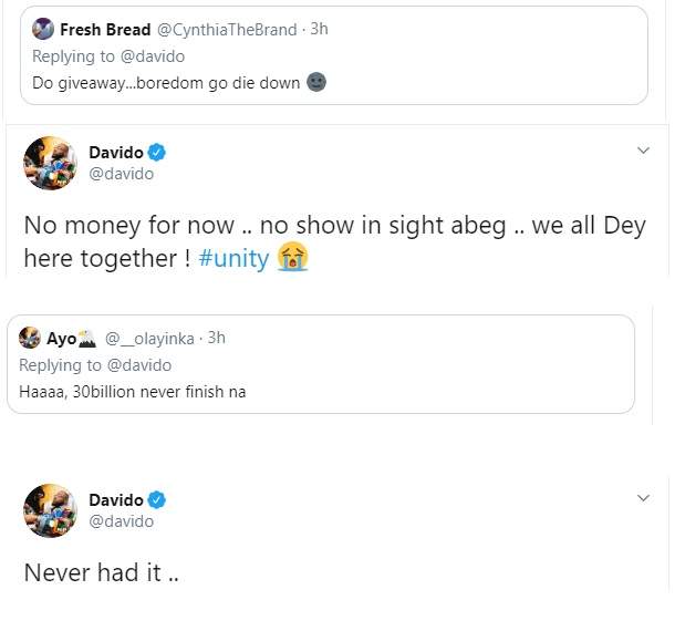 Davido claims he's run out of money, says he never had the 30 Billion.