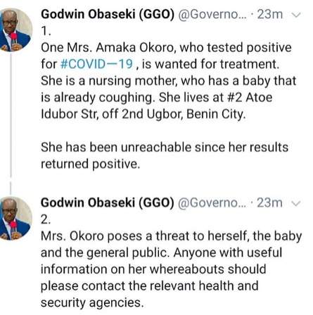 Edo state government declares nursing mother who tested positive and has remained unreachable, wanted